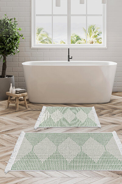 KAYABEY HOME Non-Slip Base Djt 2 Piece Bathroom Mat Set Trend Fringed Scandin...