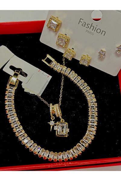 Nazbijuterii Çoklu çarm Çelik kolye .14 k küpe 3 çift,su yolu 14 k bileklik 3...