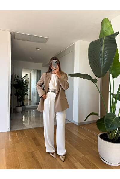 MERVE AKSOY High Waist Flowy Palazzo Pants - Ecru