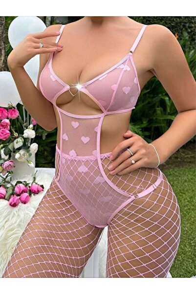 Nawaem Night Lingerie Women's Pink Heart Embroidery One-Piece Lingerie - Sheer Mesh Cut-Out Teddy Bodysuit