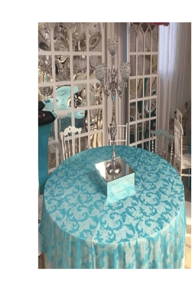 Narin Örme Pano Desenli Masa Örtüsü 160cm Yuvarlak Koyu Turkuaz