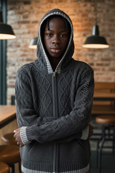 ÇEÇEN HOME Cardigan tricotat pentru băieți cu glugă cu fermoar, cald, moale, texturat, tricotat, pentru copii