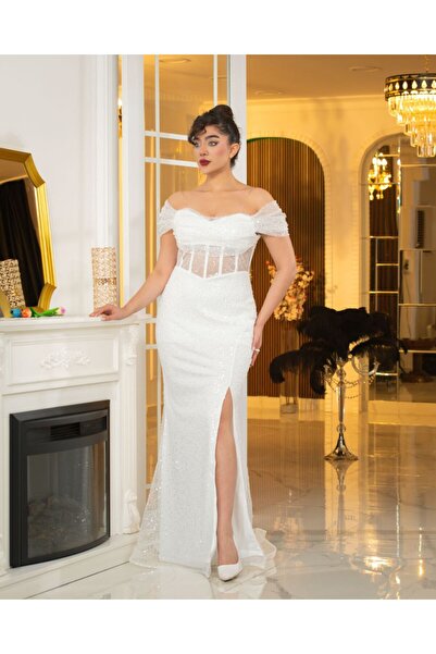 Matik Abiyem Off-The-Shoulder Lace Detailed Sparkling Long Evening Dress