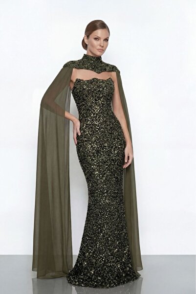 giyimmasalı Rochie de seară cu detaliu de pelerină din țesătură cu paiete - VERDE KHAKI