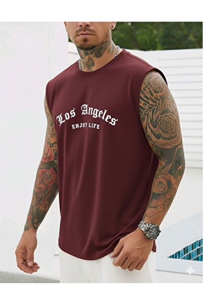 BW Bravely Wear LOS ANGELES ENJOY LIFE Baskılı Sıfır Kol Erkek Basic Kolsuz S...