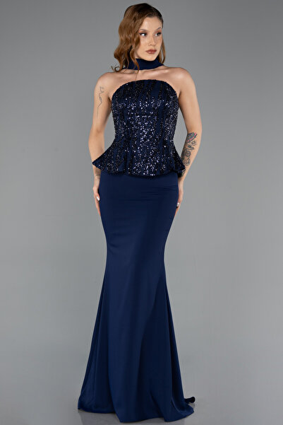 Abiyefon Lacivert Taşlı Straplez Peplum Kesim Uzun Balık Abiye ABU5457