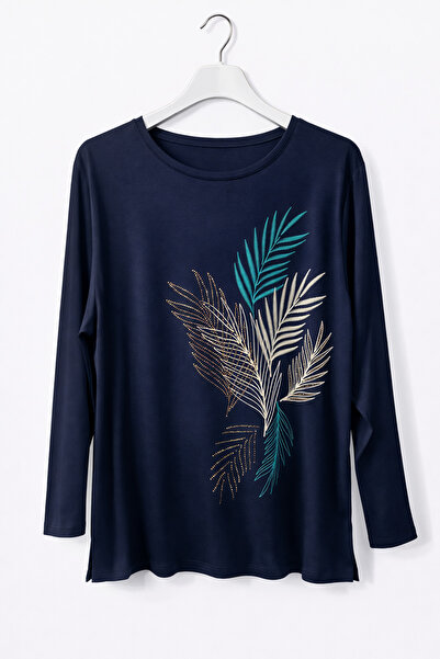 günay boutıque Plus Size Navy Blue Long Sleeve Mom's Blouse – Leaf Pattern, C...