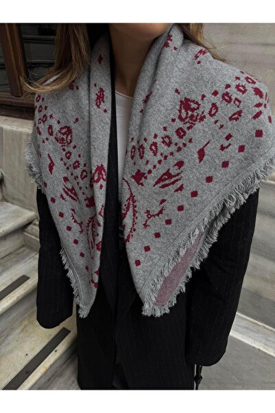 Tina İstanbul Ethnic Patterned Cotton Scarf Gray Burgundy