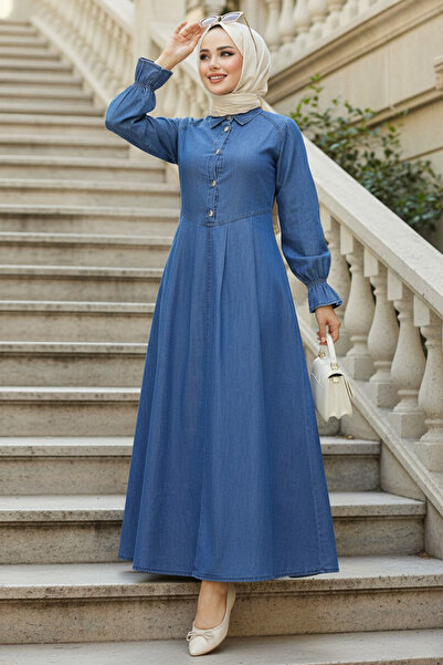 N.S NEVA STYLE Buttoned Dark Blue Hijab Denim Dress 19161Km