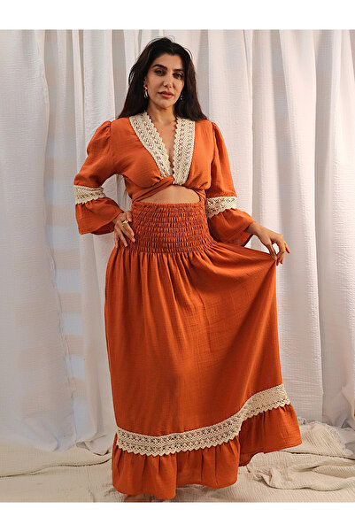 Su Koleksiyon Andalusian Lace Detailed Crop Tie-Up Bohemian Muslin Dress