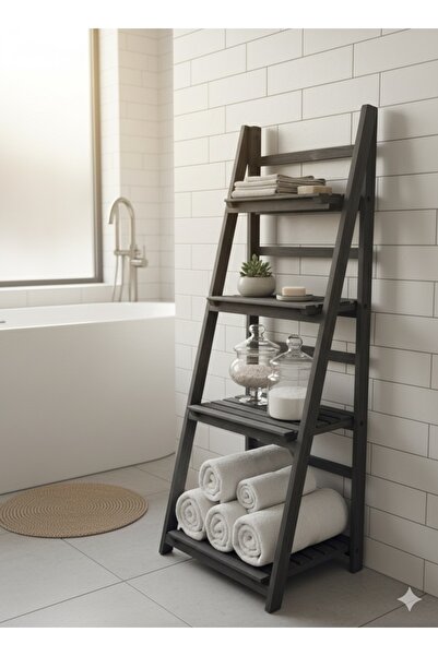 Noor High-quality, foldable, 4-tier wooden shelf with a multi-level ladder design, black color, 45*112