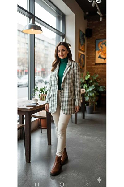 MODA yeşil kıremli kareli tek düyme içi astarlı şiklığınıza şıklık katacak blazer ceket