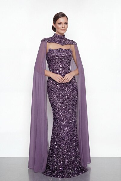 giyimmasalı Sequin Fabric Cape Detailed Evening Dress - Lila