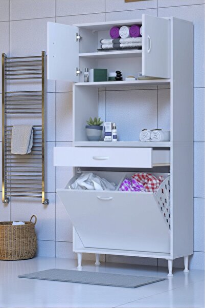 Eliusta Seris Sepetli ve Çekmeceli Banyo Dolabı G:85 cm Çok Amaçlı Beyaz Düze...