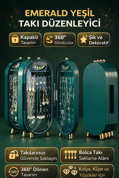 Weisre Emerald Yeşil Oval Takı Düzenleyici Kapaklı, Aynalı 360° Dönen, Dekora...