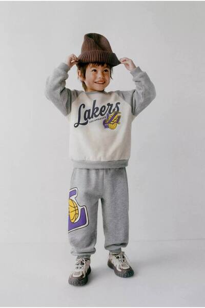 Ecenin Favorileri bumbac 100% Set de pantaloni de trening pentru băieți, gri alb, cu inscripție Lakers tricou