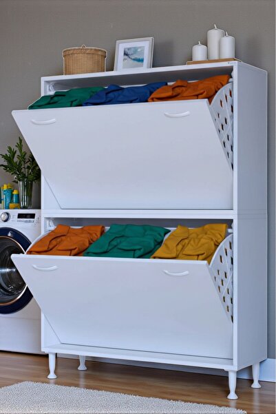 Eliusta Veluna 100 cm Kirli Çamaşır Sepetli Dolap Banyo Dolabı Beyaz 100x173x...