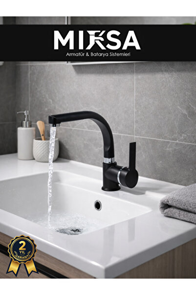 MİXSA Siyah-Krom Armut BalıkSırtı Borulu Banyo Lavabo Bataryası Çeşmesi Muslu...