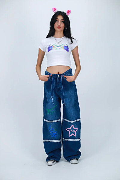 BALİNA Artistic Vibes Nakışlı Mavi Baggy Jean