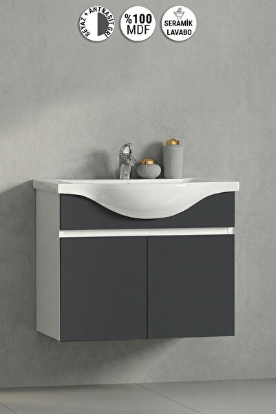 ÖZCEDEN Yıldız 55 cm Beyaz- Antrasit Gri Mat MDF Seramik Lavabolu Asma Banyo ...