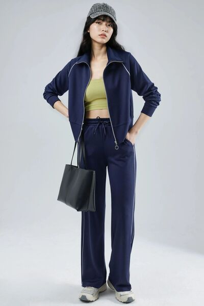Hiccup Modal Textured Zippered Sweatshirt & Trousers Two-Piece Set Berşan Col...