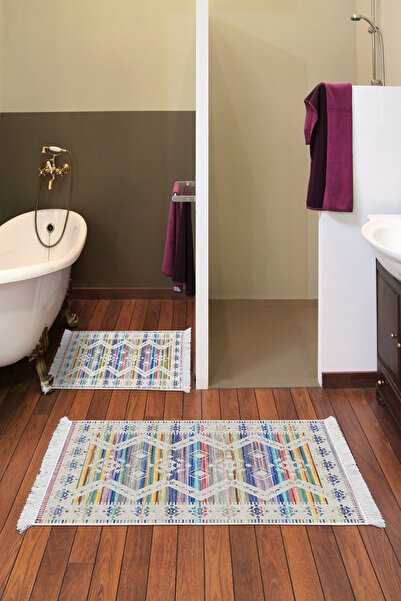 KAYABEY HOME Non-Slip Base Djt 2 Piece Bath Mat Set Star Cotton Fringed Scand...