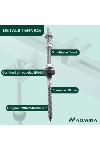 Admira Systems Șurub de ancorare cu filet dublu (șurub de prindere) pentru structuri de panouri solare, oțel inoxidabil, M10 x 200 mm