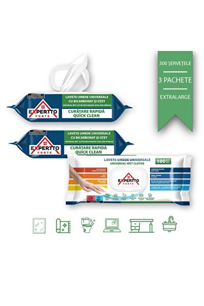 Expertto Set 3 x lavete umede universale cu bicarbonat si otet 300 buc, 23x21...