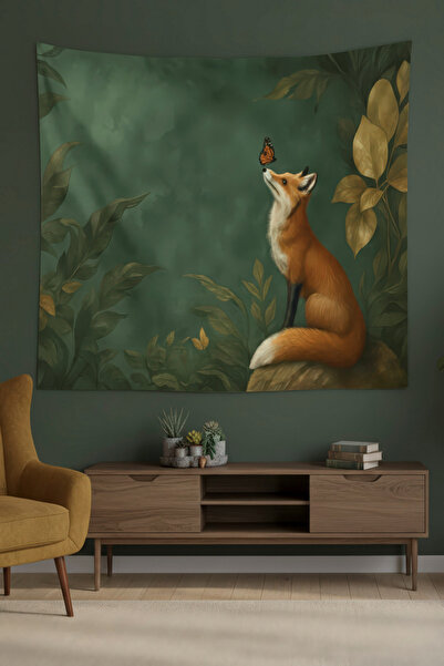 Nivendi Vintage Tilki Çizimi Kumaş Duvar Örtüsü Ev Dekorasyon Duvar Halısı Ta...