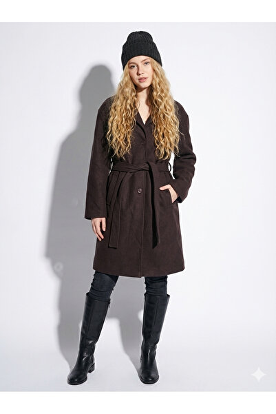 ribana Women's Unlined Regular Fit Transitional Belt Detailed Buttoned Pocketed Long Sleeve Basic Cashmere Coat