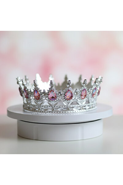 parti pera Pasta Tacı Gümüş Renk Pembe Taşlı Sert Plastik Taban Alt Çapı 12 c...