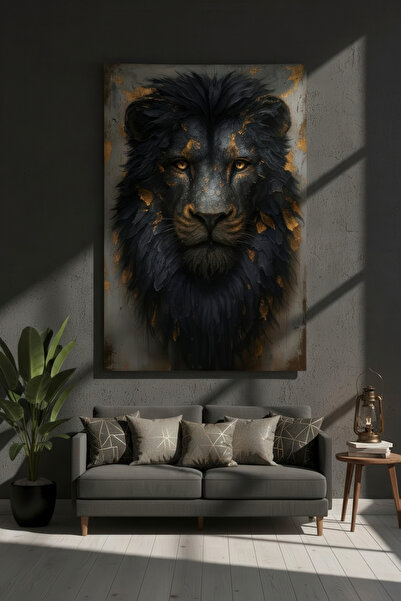 Nivendi Siyah Aslan ve Altın Varak Parçaları Kumaş Duvar Örtüsü Ev Dekorasyon...