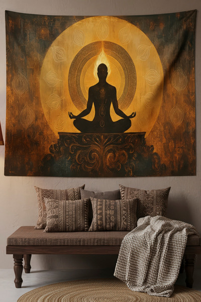 Nivendi Aydınlanma Anı Meditasyon ve Güneş Kumaş Duvar Örtüsü Ev Dekorasyon D...