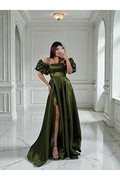 OLA Nora Balon Kollu Parlak Saten Yırtmaçlı Yeşil Abiye Elbise