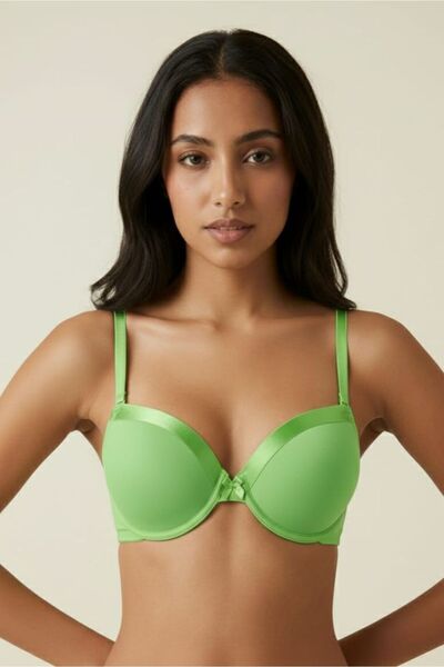 enmodaiçgiyim Neon Green Women's Satin Detailed Padded Wire Bra - Everyday Bra with Removable Straps