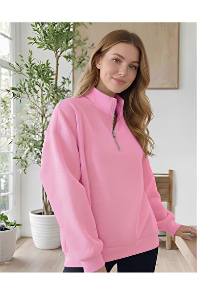 BUWOM Kadın Dik Yaka Fermuarlı Düz Sweatshirt