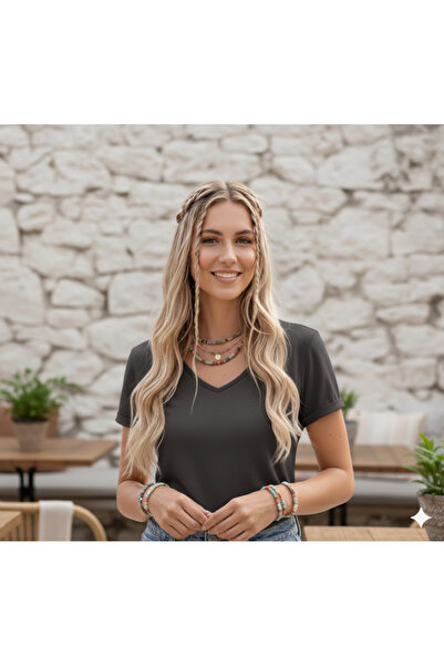 FAVORİST V-Neck Plain Unprinted Soft Fabric Women's T-Shirt