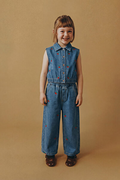 Magu Girl's Cotton Blue Cherry Embroidered Denim Set - Sleeveless Shirt Collar & Wide Leg Pants