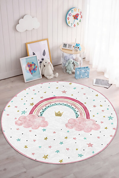 Realhomes Renkli Gökkuşağı Desenli Yuvarlak Çocuk Odası Yıkanabilir Kaymaz Ta...