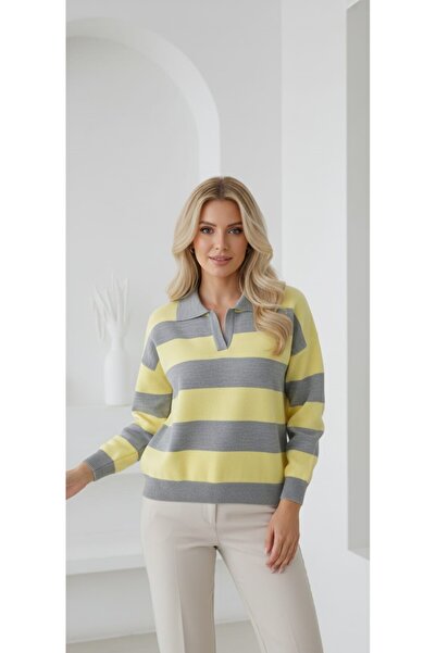 ZARİNCE LİFE سترة تريكو نسائية كبيرة الحجم مخططة بياقة بولو أرجايل