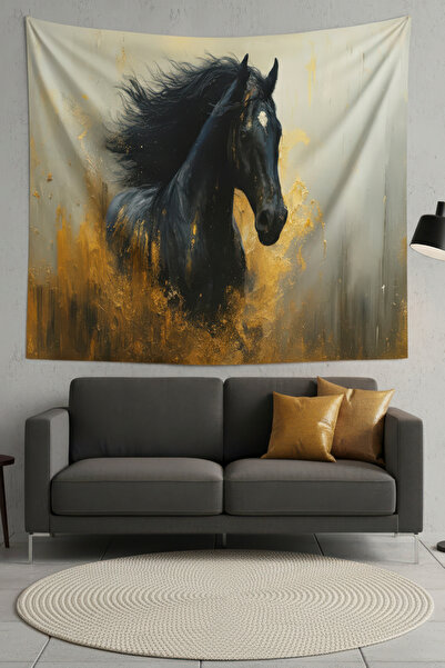 Nivendi Siyah Yeleli At Kumaş Duvar Örtüsü Ev Dekorasyon Duvar Halısı Tapestry