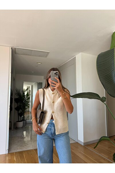 MERVE AKSOY Gold Düğmeli Triko Yelek - Taş