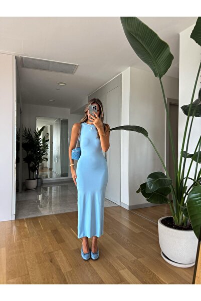 MERVE AKSOY Sindy Sıfır Kol Jarse Elbise - Mavi