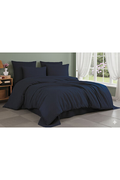oabhome Set de 4 piese pentru pat dublu, cu dungi, din bumbac satinat, albast...