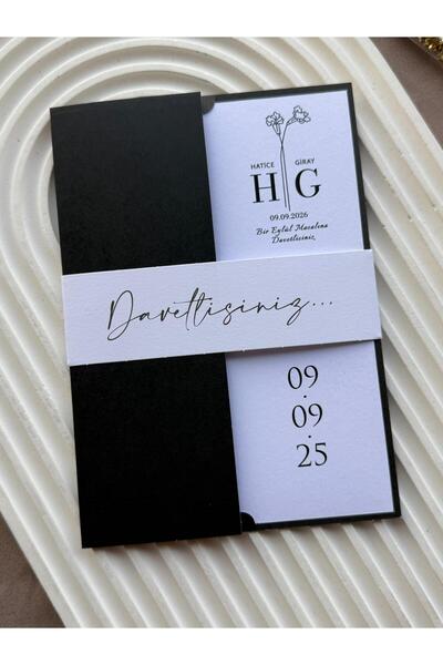 emindijital Siyah Zarflı Kuşaklı Nişan, Nikah, Kına, Düğün Davetiyesi 50 Adet