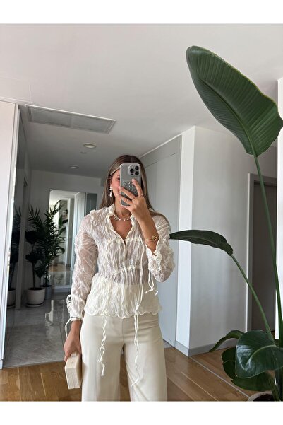 MERVE AKSOY Buruşuk İp Detaylı Tül Bluz - Ekru