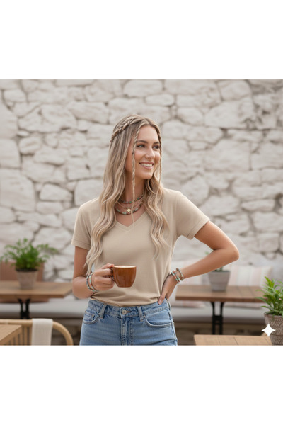 FAVORİST V-Neck Plain Unprinted Soft Fabric Women's T-Shirt