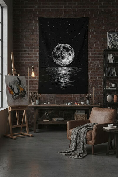 Nivendi Yakamoz ve Dolunay Gece Manzarası Kumaş Duvar Örtüsü Ev Dekorasyon Du...