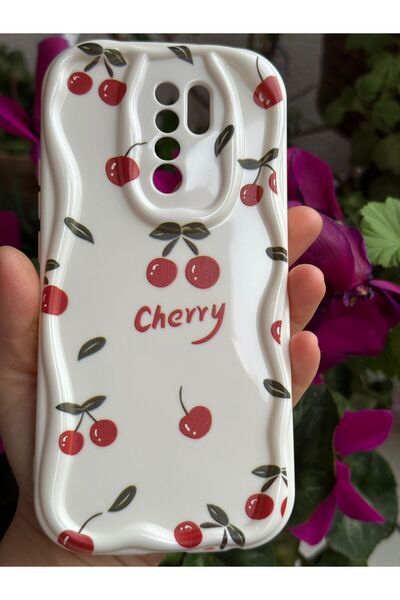 yuscerham Redmi 9 Uyumlu Kırmızı Kiraz Desenli Yumuşak Silikon Kılıf