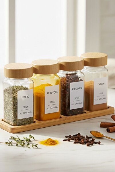 belivano طقم توابل زجاجي مكون من 4 قطع مع 5 أغطية من الخيزران وحامل، سعة 120 ...